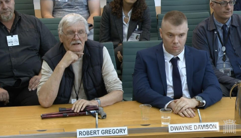 Former Jeremy Kyle Show participants Robert Gregory and Dwayne Davison giving evidence to the Digital, Culture, Media and Sport Select Committee in the House of Commons, London on the subject of Reality TV. (Photo by House of Commons/PA Images via Getty Images)