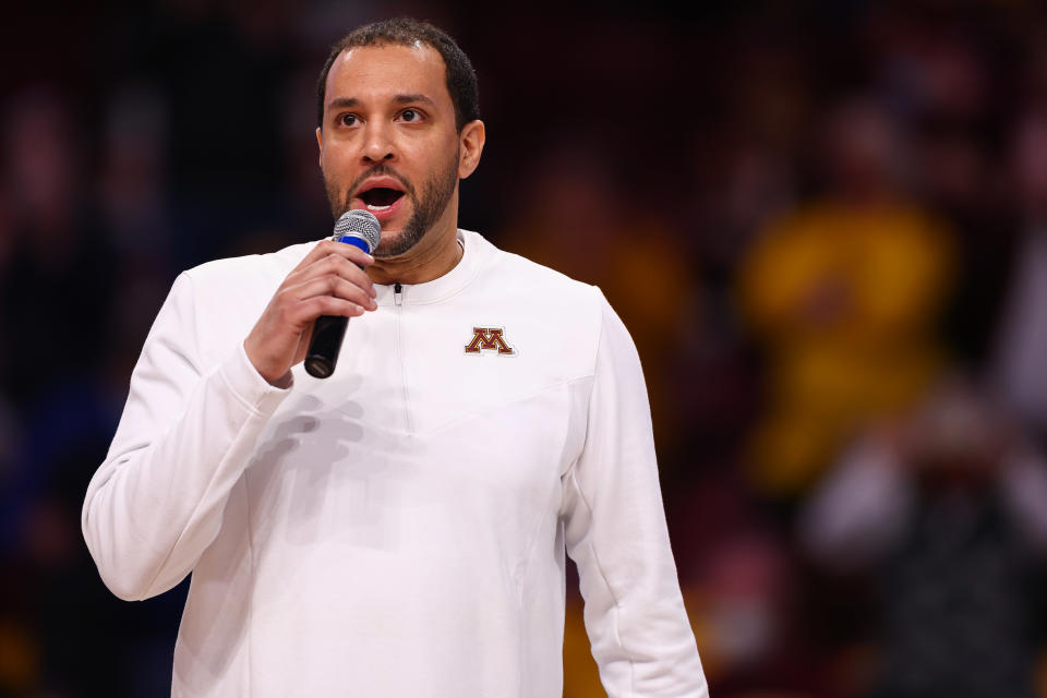 Feb 27, 2022; Minneapolis, Minnesota, USA; Minnesota Gophers head coach Ben Johnson addresses the crowd during a senior night presentation following the game against the Indiana Hoosiers at Williams Arena. Mandatory Credit: Harrison Barden-USA TODAY Sports