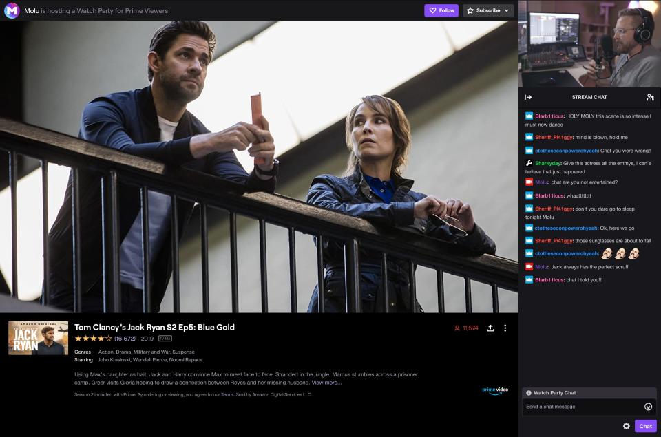 Twitch, the video game-centric streaming service owned by Amazon, lets you host a movie watching party, streaming movies from the Amazon Prime Video library.