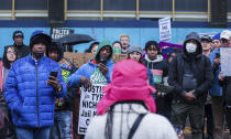 Activist leaders speak to a crowd gathered for Tyre Nichols, who died after being beaten by Memphis police during a traffic stop, in Memphis, Tenn., on Saturday, Jan. 28, 2023. (Patrick Lantrip/Daily Memphian via AP)