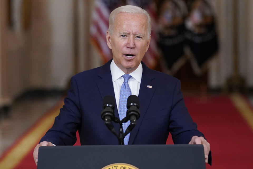 FILE - President Joe Biden speaks about the end of the war in Afghanistan from the State Dining Room of the White House, Aug. 31, 2021, in Washington. The U.S. and Swiss governments and Afghan economics experts say they'll transfer $3.5 billion in frozen funds from Afghanistan’s central bank to use for the country’s people as hunger grips every province there. The Taliban government will not be a part of the new Afghan Fund, which will maintain its account with the Bank for International Settlements in Switzerland. (AP Photo/Evan Vucci, File)