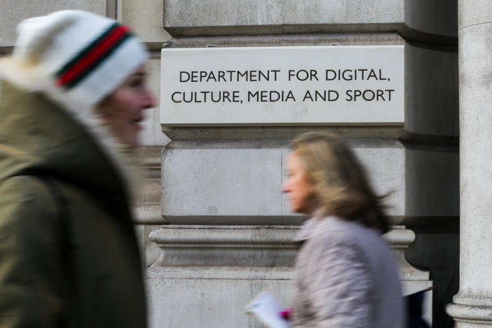 People walk past The Department for Digital, Culture, Media and Sport building on Whitehall in London. (Photo by Dinendra Haria / SOPA Images/Sipa USA)