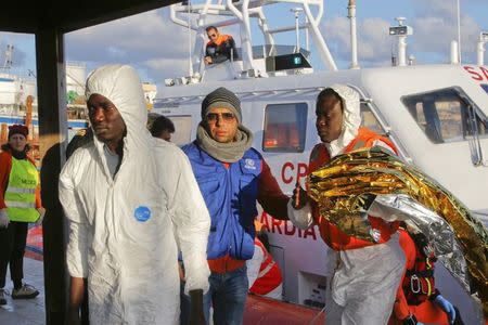 Migrants who survived a shipwreck are escorted as they arrive at the Lampedusa harbour February 11, 2015. REUTERS/Antonio Parrinello