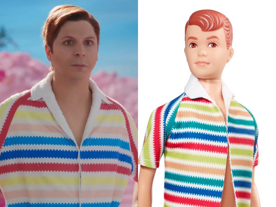 Left: Michael Cera as Allan in "Barbie." On the right: Mattel's Allan doll.