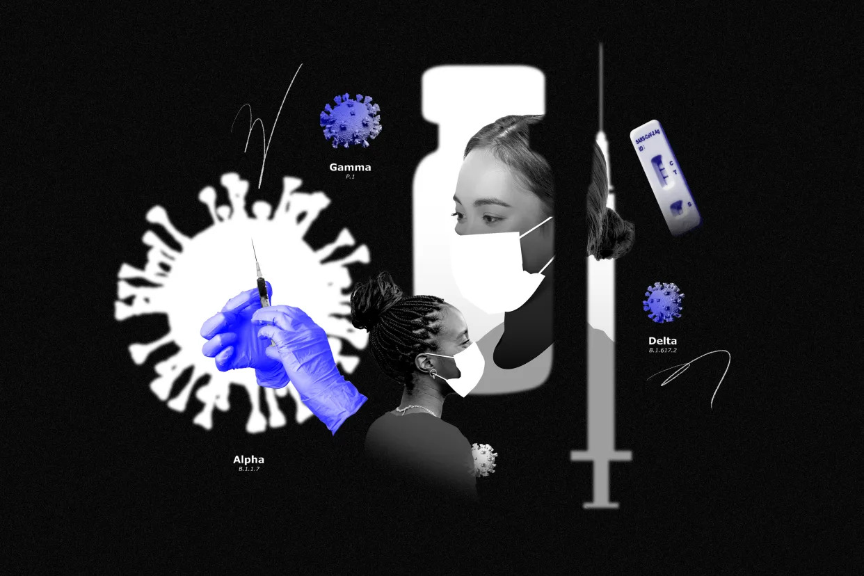 An illustration with photos of syringes, people wearing masks, a COVID test, and images representing different COVID-19 variants.