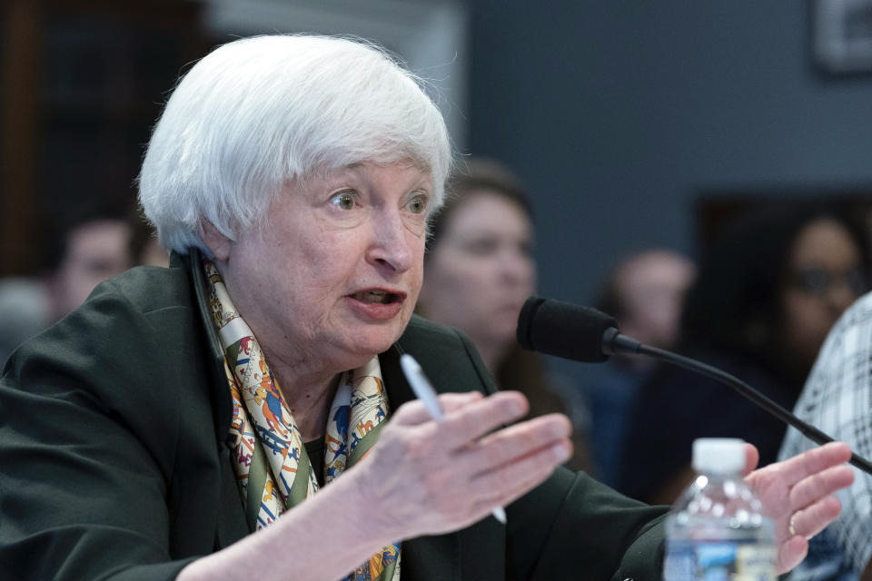 FILE - Treasury Secretary Janet Yellen testifies before the House Appropriations Committee on Budget and Oversight hearing to examine proposed budget estimates and justification for the 2024 fiscal year on Capitol Hill, March 23, 2023, in Washington. (AP Photo/Jose Luis Magana, File)