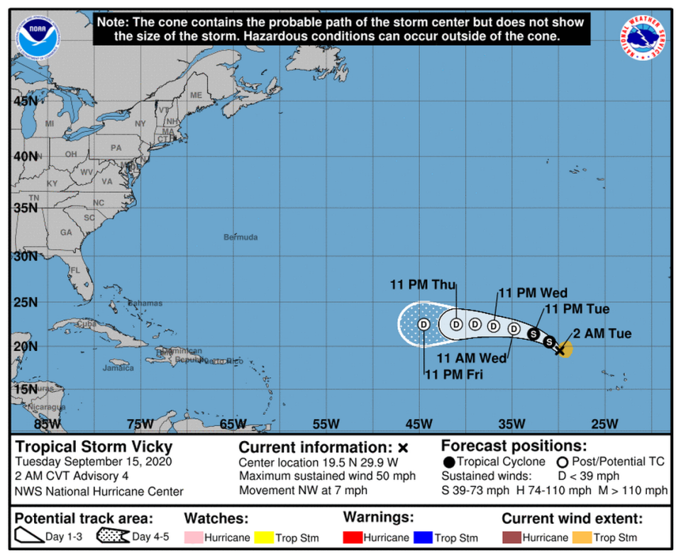 Tropical Storm Vicky is expected to be “short-lived,” according to the hurricane center.