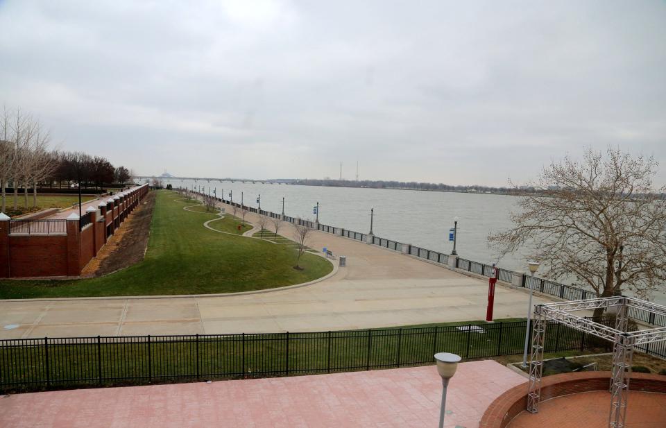 View of the Detroit River and the riverwalk from one of the hotel suites at the Roberts Riverwalk Hotel in Detroit.