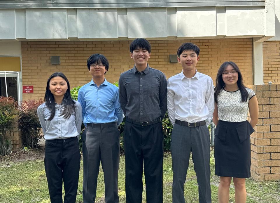 Pictured from the left are F.W. Buchholz High School students and M3 Challenge finalists Sophia Rong, Andrew Xing, Nathan Wei, Luke Xue, and Melissa Li.
