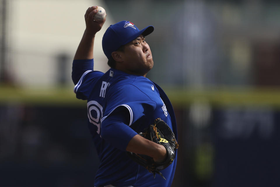 Toronto Blue Jays starting pitcher Hyun Jin Ryu throws during the seventh inning of a baseball game against the Baltimore Orioles in Buffalo, N.Y., Saturday, June 26, 2021. (AP Photo/Joshua Bessex)