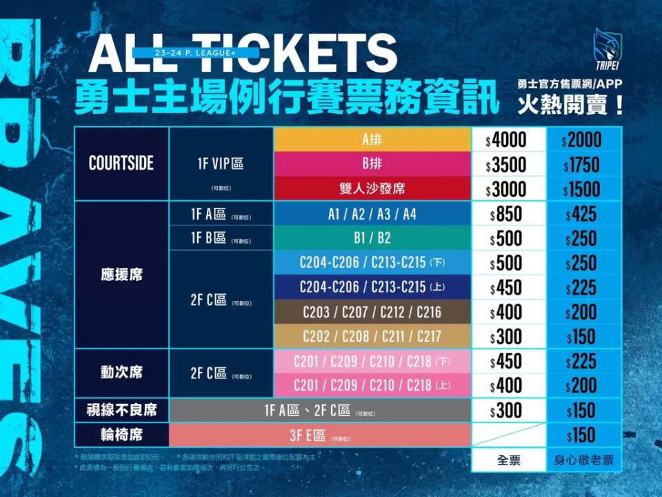 富邦勇士例行賽售票資訊。官方提供