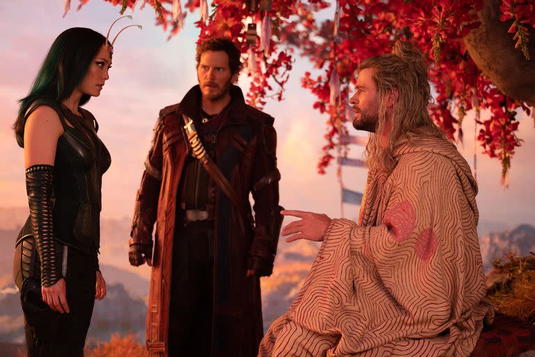 Pom Klementieff (Mantis), Chris Pratt (Star-Lord/Peter Quill) y Chris Hemsworth (Thor)