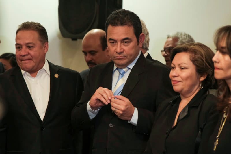 Guatemala's former President Jimmy Morales arrives at a hotel, a temporary headquarters of Central America's regional parliament, for his sworn in as a new member, in Guatemala City