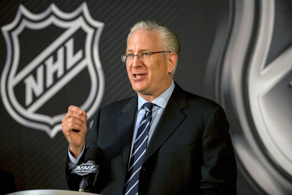 Seattle Hockey Partners President and CEO Tod Leiweke speaks after the NHL Board of Governors named Seattle as the league's 32nd franchise, Tuesday, Dec. 4, 2018, in Sea Island, Ga. (AP Photo/Stephen B. Morton)