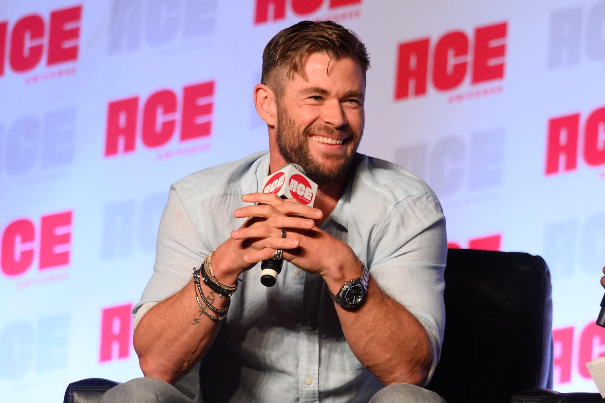 CHICAGO, ILLINOIS - OCTOBER 13: Chris Hemsworth speaks on stage during ACE Comic Con Midwest at Donald E. Stephens Convention Center on October 13, 2019 in Rosemont, Illinois. (Photo by Daniel Boczarski/Getty Images)