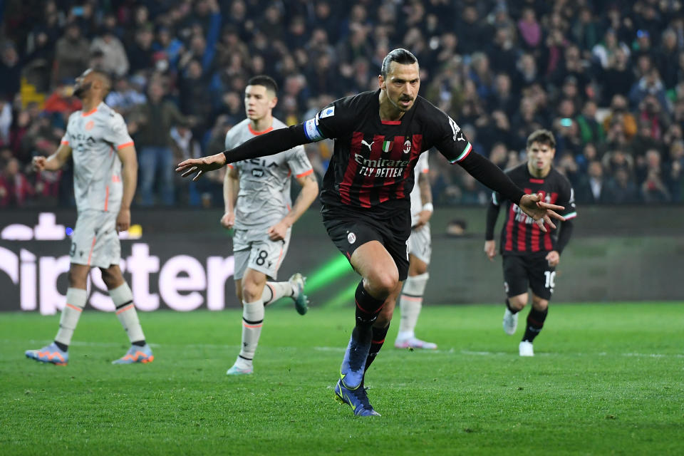 UDINE, ITALY - MARCH 18: Zlatan Ibrahimovic of AC Milan celebrates after scoring the team's first goal from a penalty kick during the Serie A match between Udinese Calcio and AC Milan at Dacia Arena on March 18, 2023 in Udine, Italy. (Photo by Alessandro Sabattini/Getty Images)