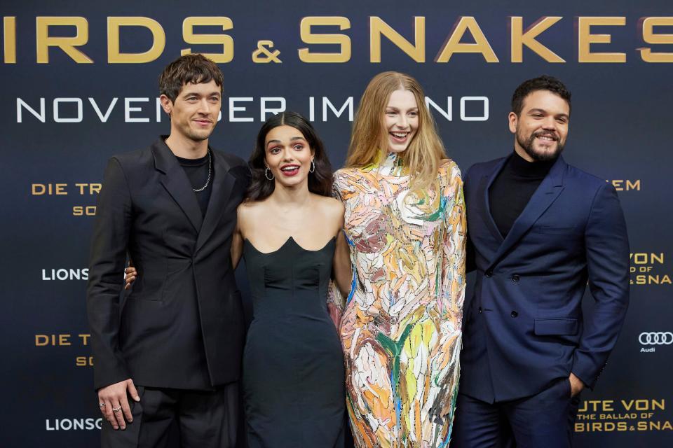 From left, actors Tom Blyth, Rachel Zegler, Hunter Schafer and Josh Andres Rivera pose for a photo at the European premiere of 'Hunger Games: The Ballad of Songbirds & Snakes' at the Zoo-Palast, in Berlin, Sunday, Nov. 5, 2023. (Jorg Carstensen/dpa via AP) ORG XMIT: AMB830