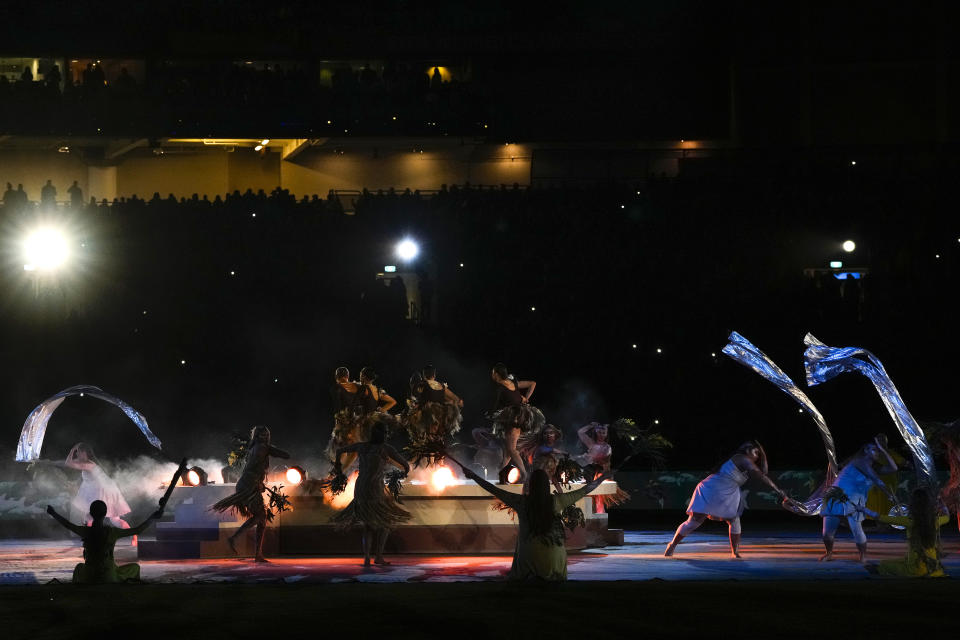 Australian Aboriginal dancers perform during the opening ceremony prior the Women's World Cup soccer match between Australia and Ireland at Stadium Australia in Sydney, Australia, Thursday, July 20, 2023. (AP Photo/Rick Rycroft)