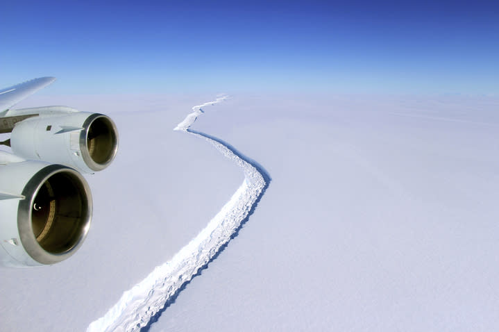 Aerial photo showing a rift in the Antarctic Peninsula's Larsen C ice shelf, Nov. 10, 2016. According to NASA, IceBridge scientists measured the Larsen C fracture to be about 70 miles long, more than 300 feet wide and about a third of a mile deep.