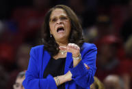 FILE - In this Dec. 31, 2018, file photo, Rutgers coach C. Vivian Stringer talks to players during the first half of the team's NCAA college basketball game against Maryland in College Park, Md. The five Black women, including Stringer, who have been national team assistants helped pave the way for Dawn Staley's historic debut at the Tokyo Games. (AP Photo/Gail Burton, File)