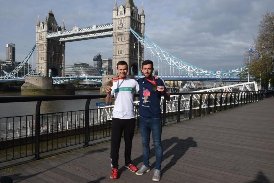 Matthew Rees and David Wyeth reunited today under Tower Bridge (Jeremy Selwyn)