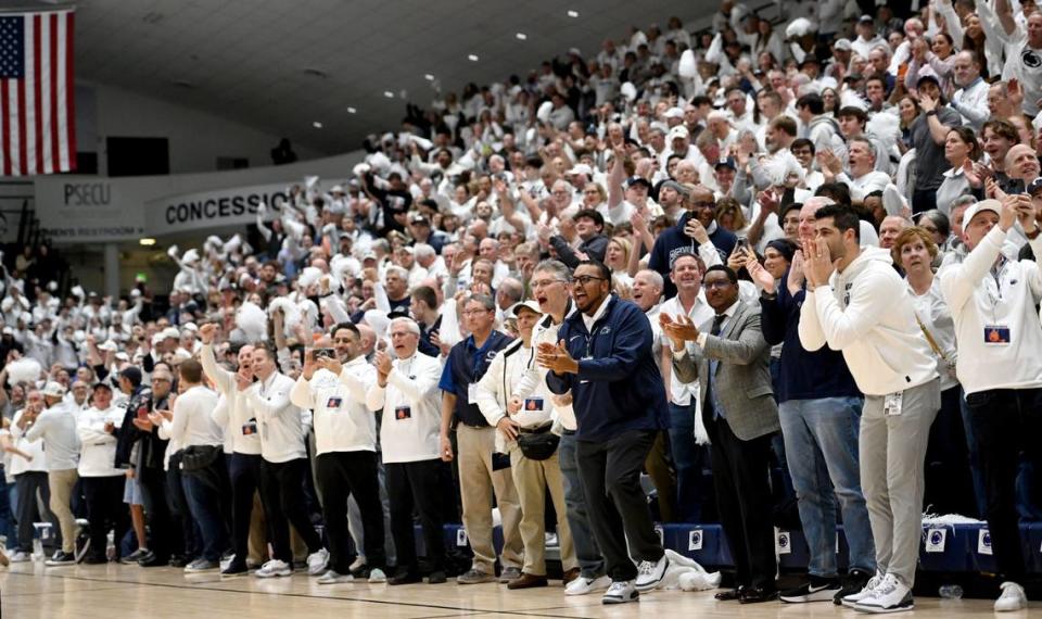 Penn State fans cheer as Zach Hicks makes a free throw with second left in the game against Illinois on Wednesday, Feb. 21, 2024 at Rec Hall. Abby Drey/adrey@centredaily.com