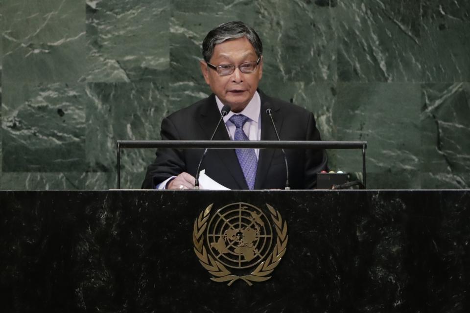 Myanmar's Minister of the Office of the State Counsellor Kyaw Tint Swe addresses the 73rd session of the United Nations General Assembly Friday, Sept. 28, 2018, at the United Nations headquarters. (AP Photo/Frank Franklin II)