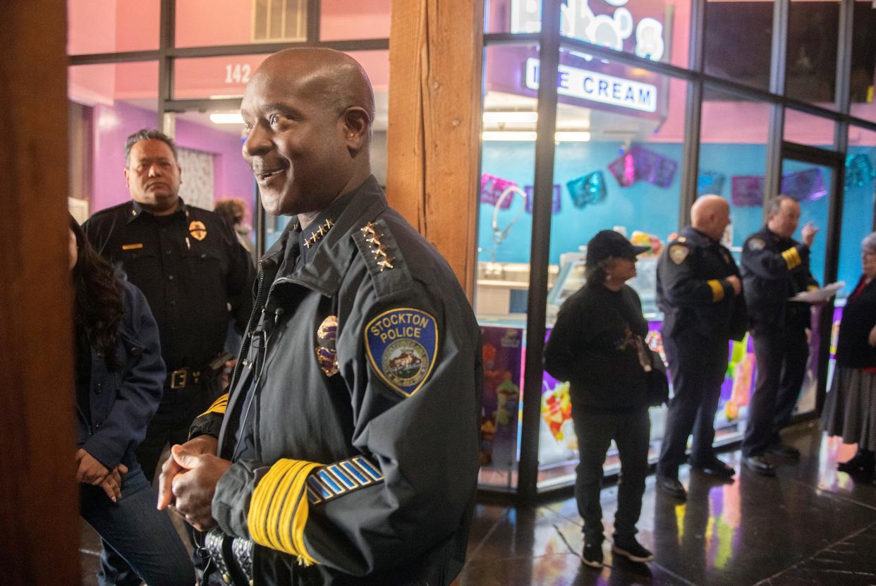 Stockton Police Chief Stanley McFadden visits the Waterfront Warehouse in downtown Stockton on Tuesday, Feb. 7, 2023 on a police community walkthrough after a multiple shooting that left one person dead and two others wounded at the location on Saturday night.