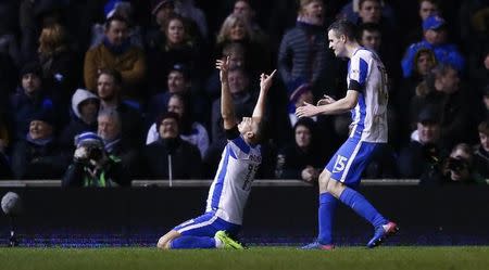 Britain Football Soccer - Brighton & Hove Albion v Reading - Sky Bet Championship - The American Express Community Stadium - 25/2/17 Anthony Knockaert celebrates scoring the third goal for Brighton with Jamie Murphy (R) Mandatory Credit: Action Images / Peter Cziborra