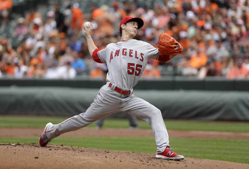 FILE - Los Angeles Angels starting pitcher Tim Lincecum throws to the Baltimore Orioles during a baseball game in Baltimore, Sunday, July 10, 2016. Lincecun, David Ortiz, Ryan Howard and Alex Rodriguez are among 13 first-time candidates on the Hall of Fame ballot of the Baseball Writers’ Association of America, joining 17 holdovers. (AP Photo/Patrick Semansky, File)