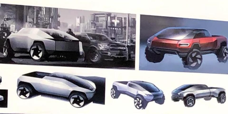 Isaacson shared a photo with some early designs ideas for the Cybertruck in the background.