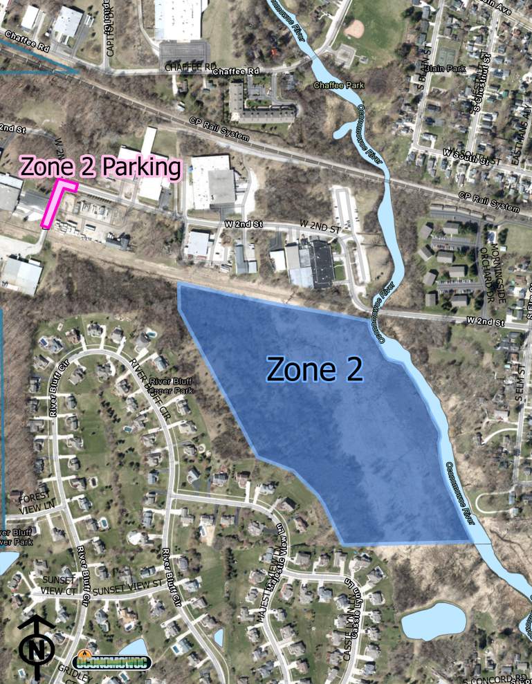 A map showing the second zone for bowhunting in the city of Oconomowoc.