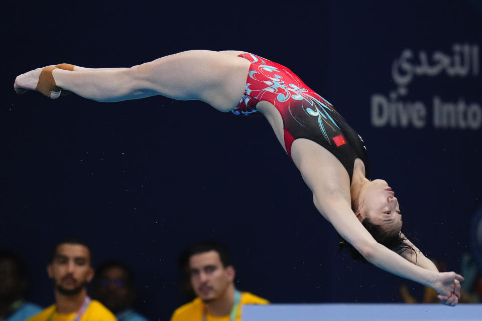 Chang Yani of China competes during the women's 3m springboard diving final at the World Aquatics Championships in Doha, Qatar, Friday, Feb. 9, 2024. (AP Photo/Hassan Ammar)