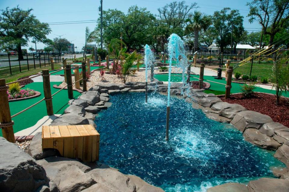 A water feature at the new Coastal Links mini golf course at Finishline Performance Karting in Biloxi on Friday, April 19, 2024.