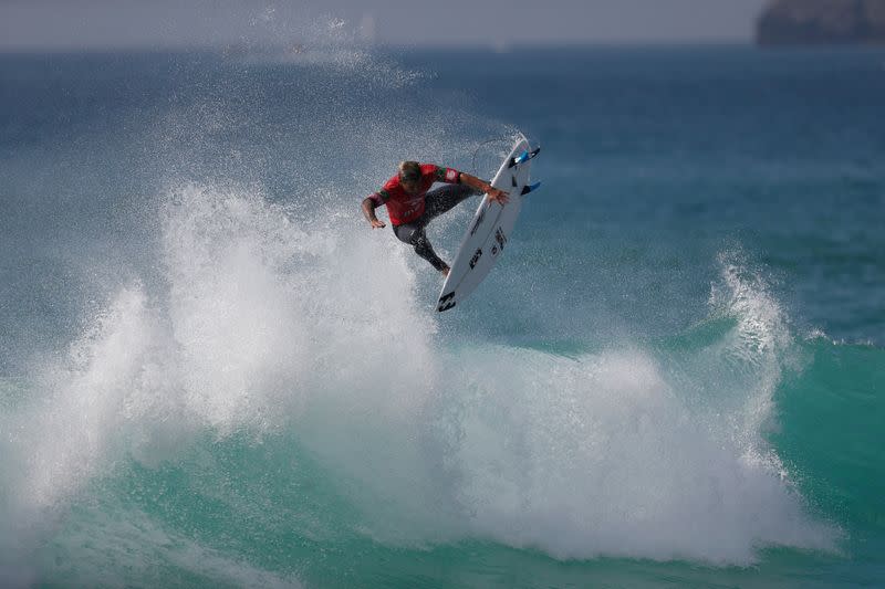 Italo Ferreira from Brazil surfs a wave during the WSL championship at Supertubo beach in Peniche