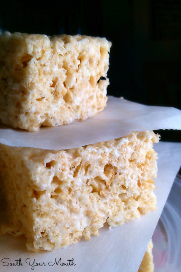<p>South Your Mouth</p><p>These aren't your grandma's RKT. They have double the butter, extra marshmallows and vanilla!</p><p><strong>Get the recipe: <a href="https://www.southyourmouth.com/2015/02/best-ever-rice-krispie-treats.html" rel="nofollow noopener" target="_blank" data-ylk="slk:Best Ever Rice Krispie Treats;elm:context_link;itc:0;sec:content-canvas" class="link ">Best Ever Rice Krispie Treats</a></strong></p>