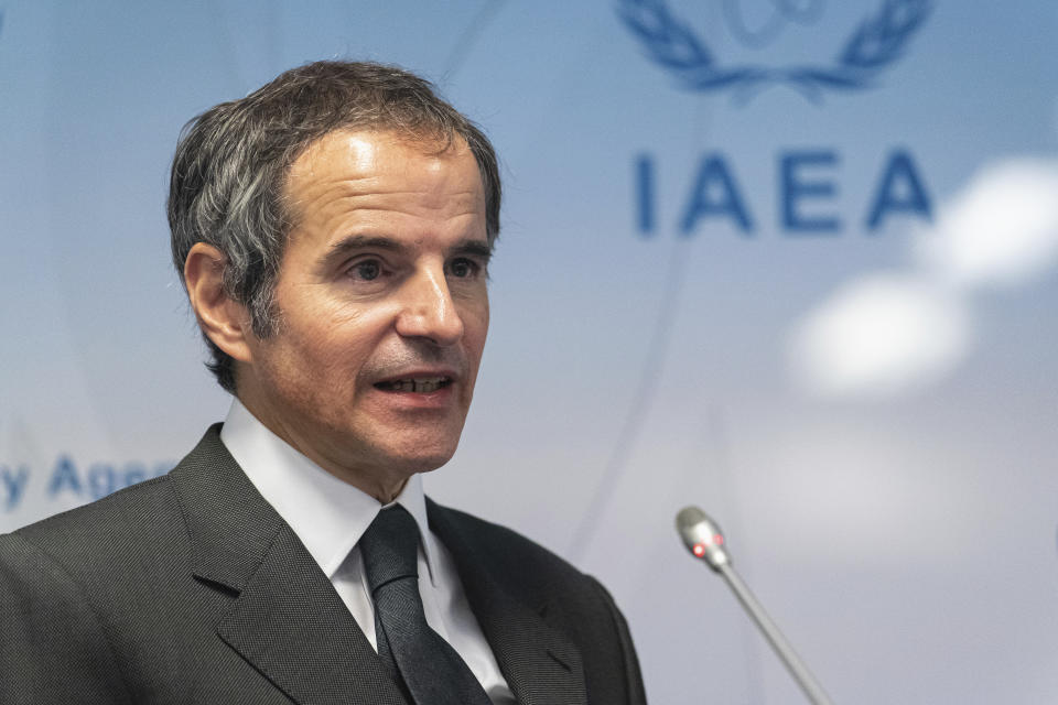 Director General of International Atomic Energy Agency, IAEA, Rafael Mariano Grossi from Argentina, addresses the media during a news conference behind plexiglass shields regarding the agency's monitoring of Irans's nuclear energy program at the International Center in Vienna, Austria, Monday, May 24, 2021. (AP Photo/Florian Schroetter)