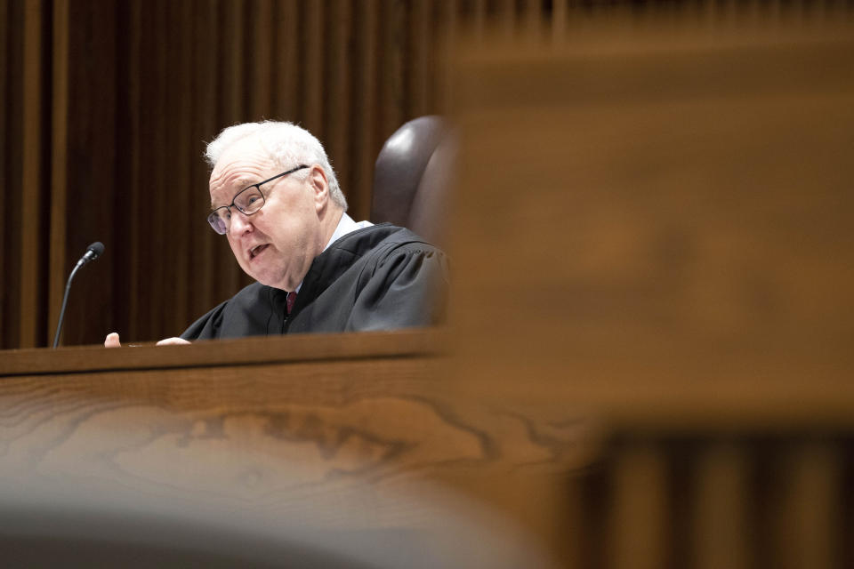 Kansas Supreme Court Justice Erik Rosen questions the appellant Kansas Solicitor General Anthoy Powell during the Hodes & Nauser v. Stanek case Monday, March 27, 2023 in Topeka, Kan. (Evert Nelson/-The Topeka Capital-Journal via AP, Pool)