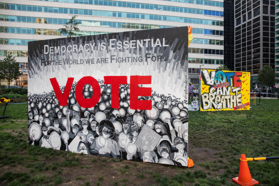 'To The Polls' murals in Love Park, Philadelphia, encouraging people to vote, on Oct. 7, 2020.