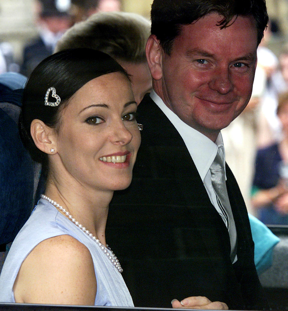 Ruthie Henshall and John Gordon Sinclair arrive at St. George's Chapel in Windsor Castle for the wedding of Prince Edward, the youngest son of Britain's Queen Elizabeth II, and Sophie Rhys-Jones, who will in future be known as the Earl and Countess of Wessex.  * Saturday June 19, 1999.  The royal couple, who met in 1993 in London at a charity real  tennis match that the Prince had organised, were marrying in St George's Chapel in Windsor Castle. Buckingham Palace announced before the wedding that the Royal couple will in future be known as the Earl and Countess of Wessex.  See PA story WEDDING ...  PA photo: Phil Noble. WPA/NPA rota   (Photo by Phil Noble - PA Images/PA Images via Getty Images)