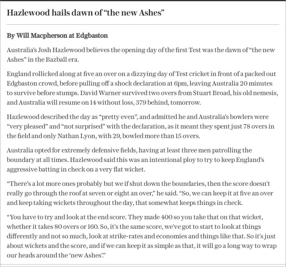 Hazlewood hails dawn of “the new Ashes”