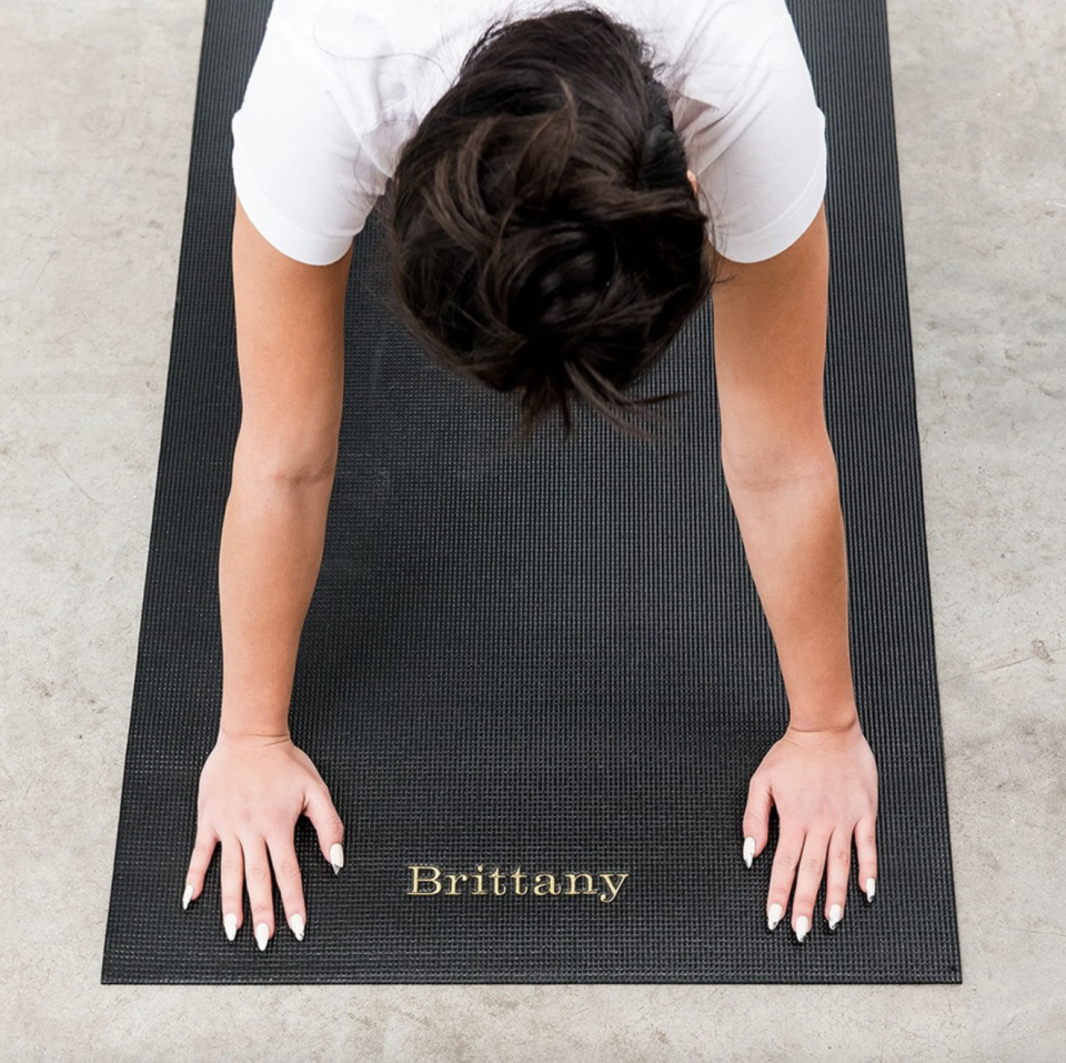 woman in white t-shirt on black Personalized Yoga Mat