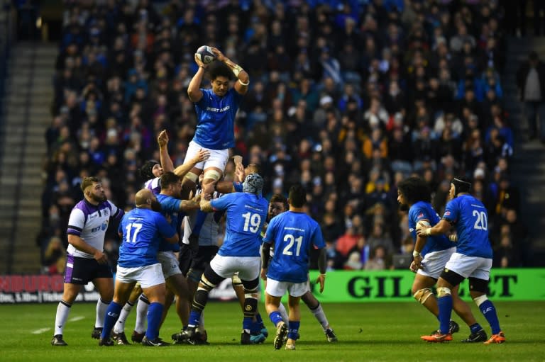 Samoa players win the line-up during their autumn international rugby union Test match against Scotland, at Murrayfield stadium in Edinburgh, on November 11, 2017