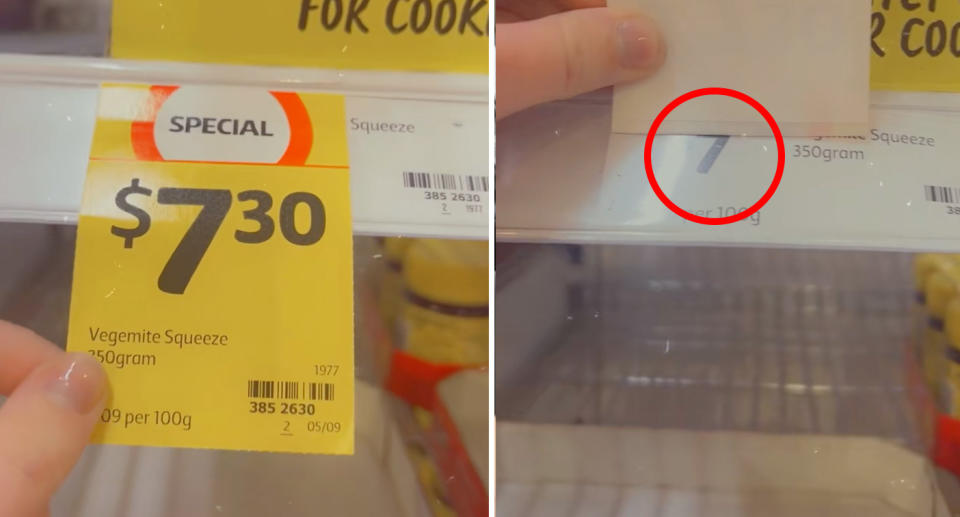 The $7.30 Coles discounted price tag can be seen on the left, with the $7 price tag seen underneath on the right. 