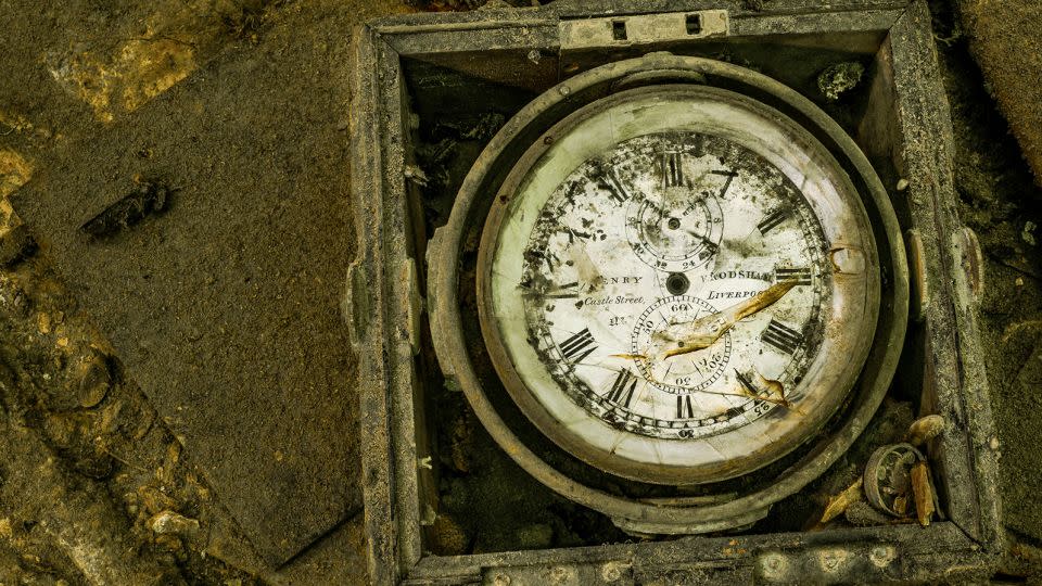 This is a close-up shot of a ship's chronometer -- a type of clock -- on one of the wrecks. - Jonas Dahm