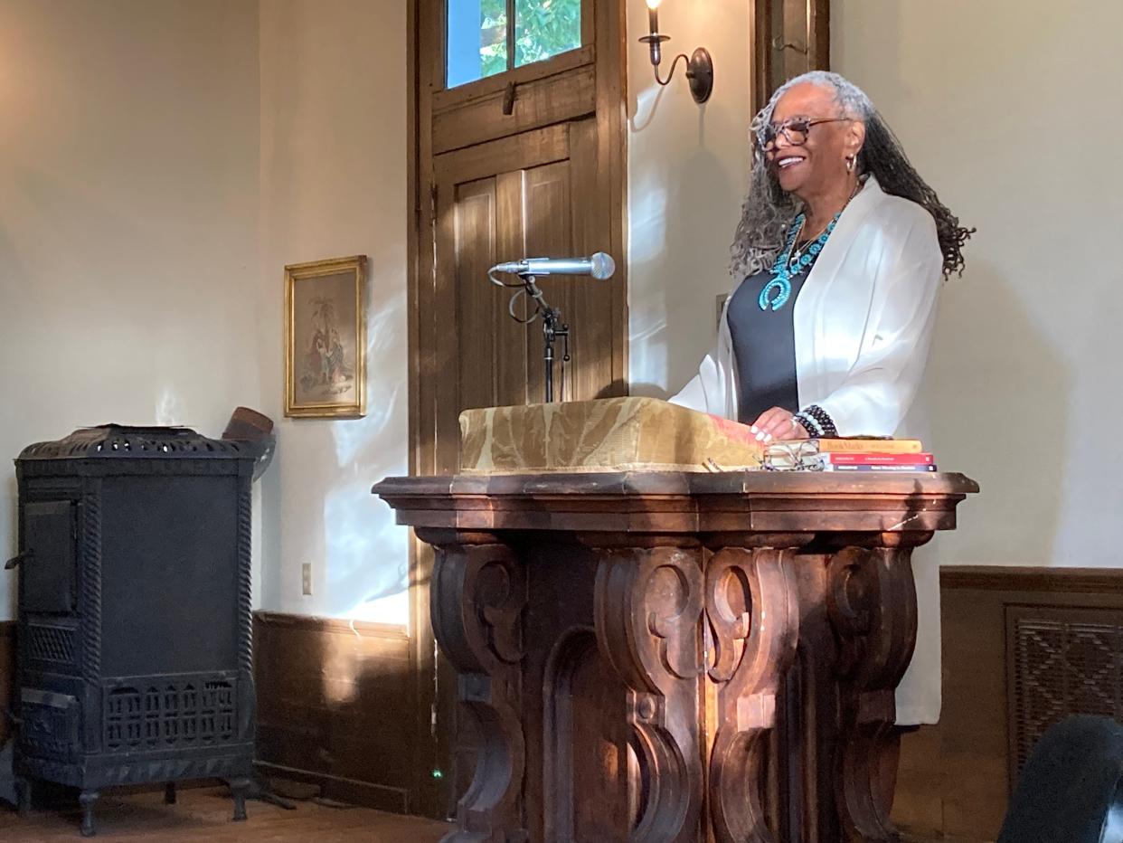 Karla FC Holloway speaks to an assembled gathering in Arrow Rock in 2023 as part of the Persimmon Creek Writers and Artists Residency.