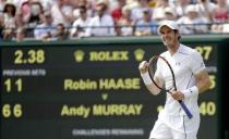 Andy Murray of Britain celebrates after winning his match against Robin Haase of the Netherlands at the Wimbledon Tennis Championships in London, July 2, 2015. REUTERS/Henry Browne