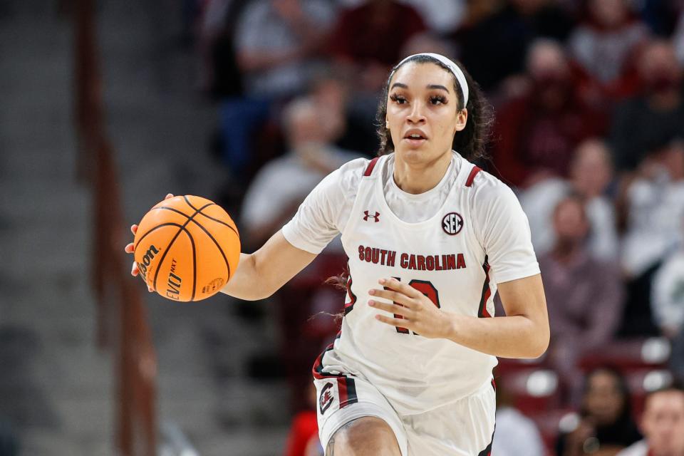 South Carolina guard Brea Beal brings the ball up court against Florida during the first half of an NCAA college basketball game in Columbia, S.C., Thursday, Feb. 16, 2023. (AP Photo/Nell Redmond)