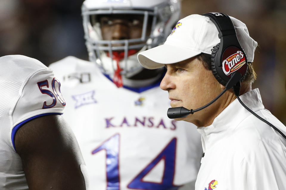 Kansas Jayhawks head coach Les Miles on the sideline during the first half against then Boston College Eagles at Alumni Stadium. (USAT)