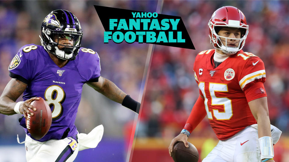 Lamar Jackson and Patrick Mahomes are the consensus top 2 QBs in early 2020 fantasy rankings, but in what order? (Photos L to R by: Maddie Meyer/Getty Images; Scott Winters/Icon Sportswire via Getty Images)